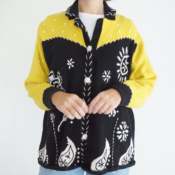 Vintage Storybook Yellow Black Embroidered Floral Button Knit Cardigan Sweater1X - Picture 2 of 11